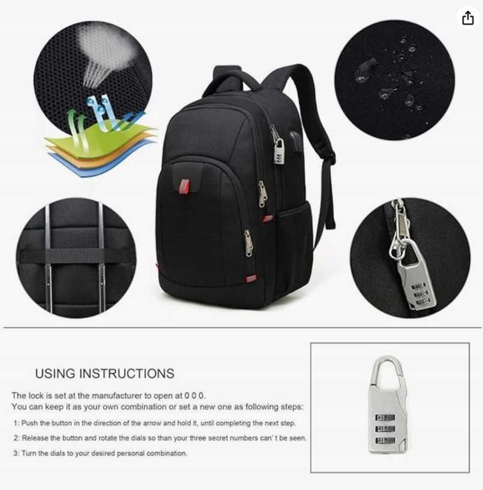Plecak wodoodporny z portem USB laptop 17,3