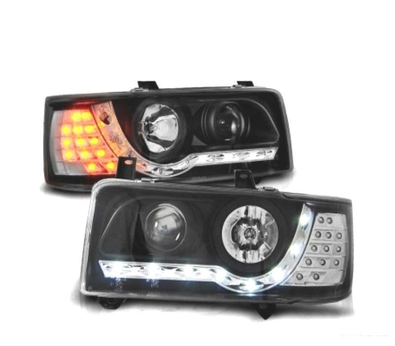 FARÓIS COM LUZ DIURNA PISCAS LED VOLKSWAGEN VW T4 90-03 FUNDO PRETO