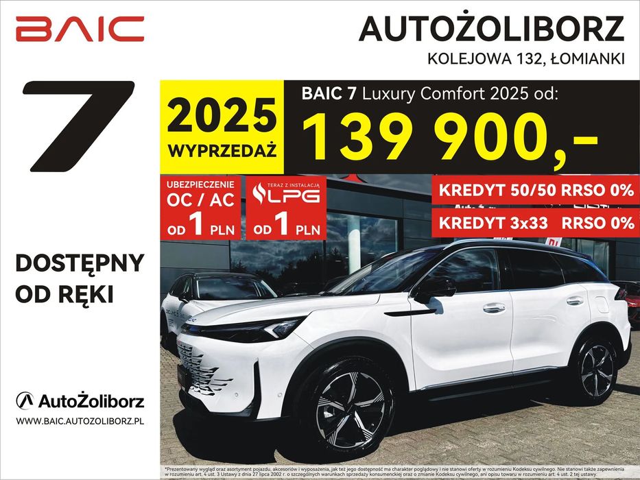 BAIC 7 Comfort, LPG za 1zł, Kredyt 50/50 0% lub 3x33 0%, Polisa OC/AC za 1zł