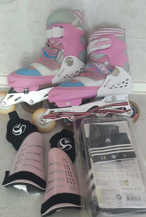 Коньки роликовые детские 23-25 см +новые щитки"Адидас" для голени