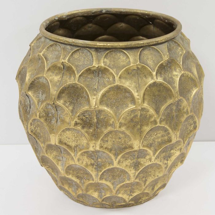 Złota Osłonka Na Doniczke Metalowa Niska Tłoczona Postarzana 126265