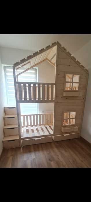 Łóżko piętrowe drewniane domek 80x180