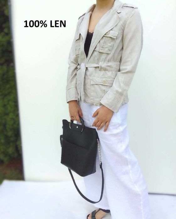 lniany bezowy żakiet vintage 100% len puro lino M L 38 40