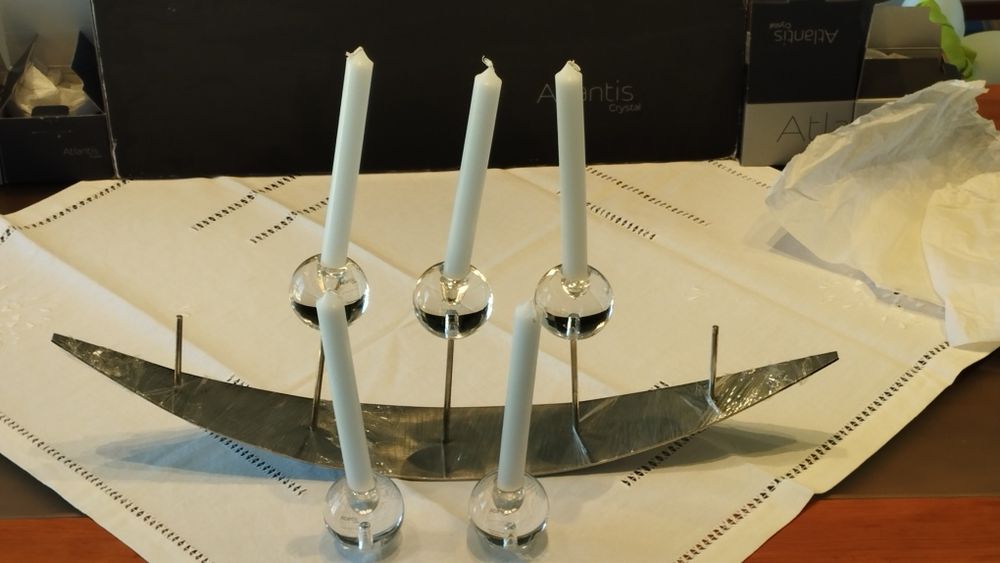 Candelabro 5 Velas Atlantis "Ritual" em Cristal e Aço Inox – Novo em Caixa Original