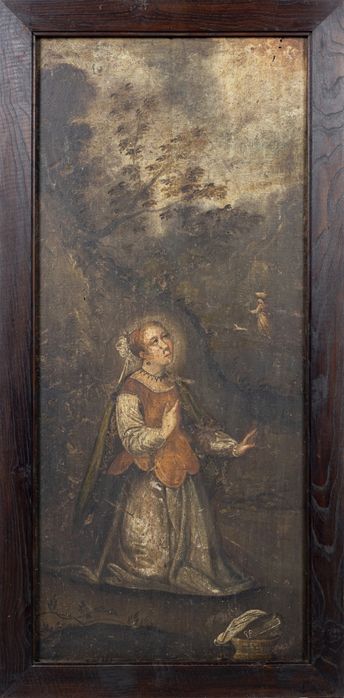 Pintura - Escola europeia - Paisagem com Dama em oração - Século XVIII