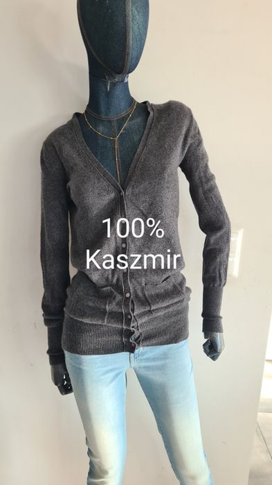Kardigan Sweter 100% Kaszmir. Grafitowy Szary Stalowy.  Rozmiar  S 36.