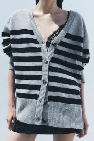 ZARA Sweter szary rozpinany kardigan w paski oversize 100 % wełna M