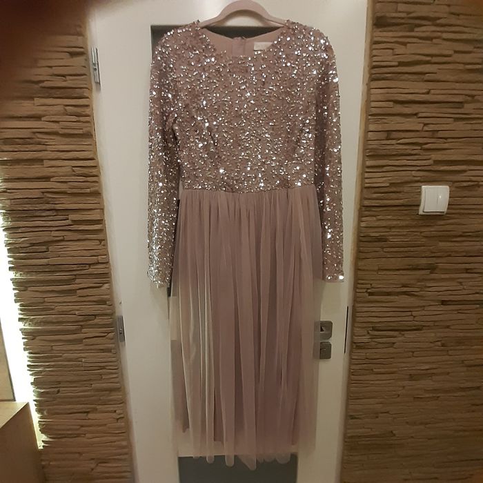 Sukienka cekiny, tiul, wesele, pudrowy róż