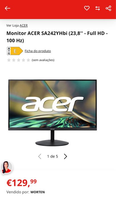Como novo - Monitor ACER SA242YHbi (23,8'' - Full HD - 100 Hz)