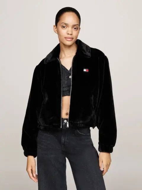 Kurtka czarna ze sztucznego futra z logo Tommy Jeans M