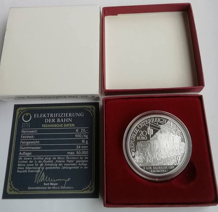 Австрія 20 євро 2009р. СРІБЛО. Залізниця - OBB 1189 Krokodil.