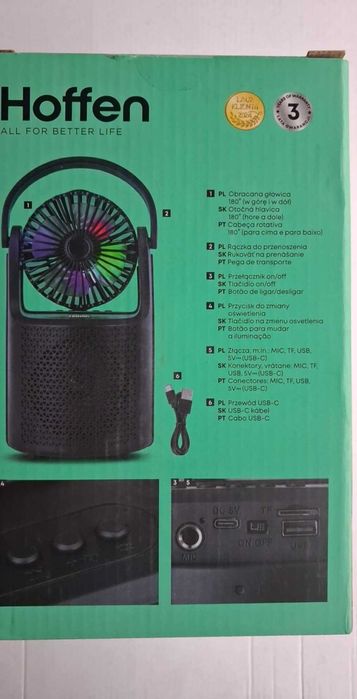 Hoffen Wentylator z Głośnikiem Bluetooth Podświetlenie RGB Radio FM
