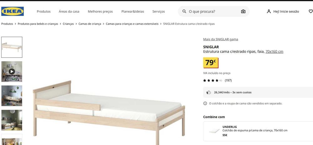 OPORTUNIDADE Ikea SNIGLAR  cama+ UNDERLIG Colchão de espuma p/cama de criança, branco  70x160 cm