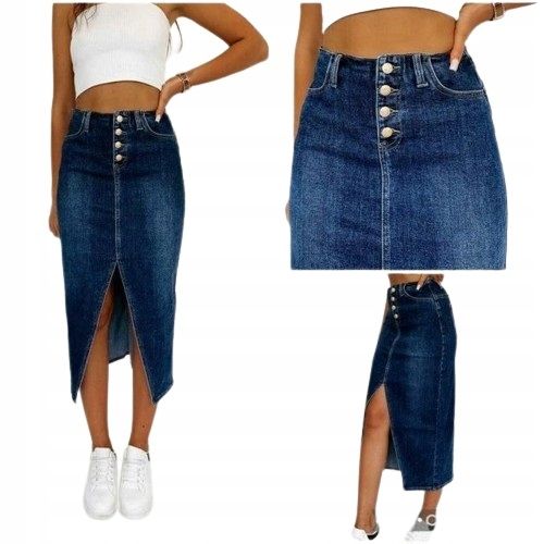 Spódnica damska midi jeans jeansowa granatowa z rozcięciem S