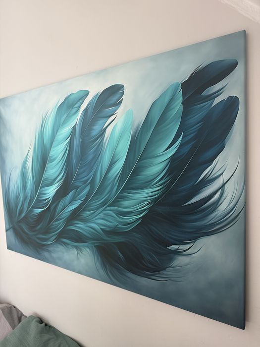 Duzy obraz 120x 80 cm pióra turkus