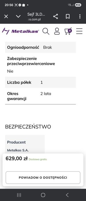 Sejf na klucz metalowy jednoplaszczowy