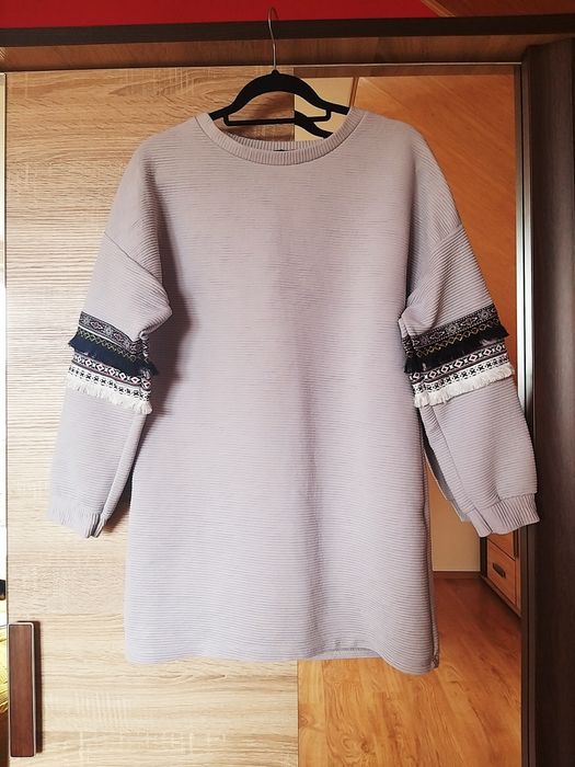 Bluza sukienka boho szara tunika L 40 M frędzle długa krótka rękawy