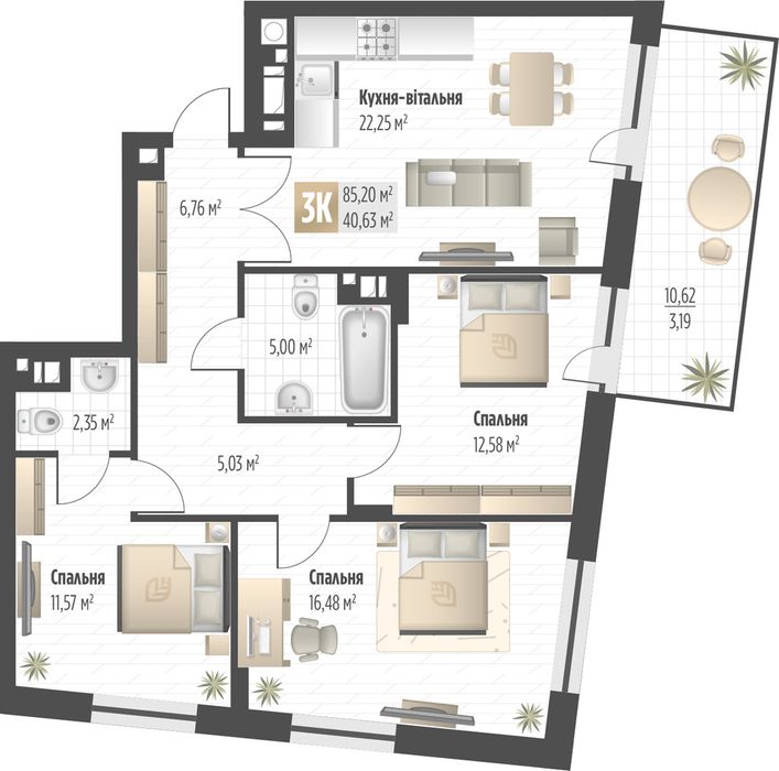 3-кімнатна квартира за адресою вул. Орлика Пилипа (площа 85,2 м²) - Atlanta.ua - фото 2