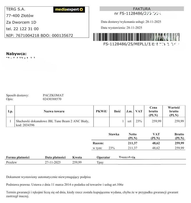 Słuchawki douszne JBL Tune Beam 2 ANC białe, bezprzewodowe - Nowe !!!