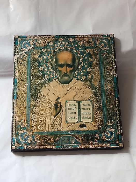 Старинная икона Святой Николай Чудотворец (литография на дереве)