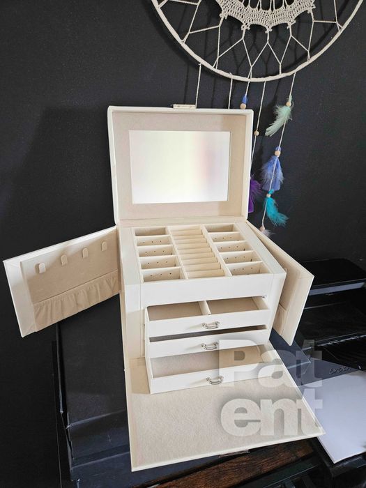 Duża szkatułka z poziomami na biżuterię kuferek kolczyki łańcuszki