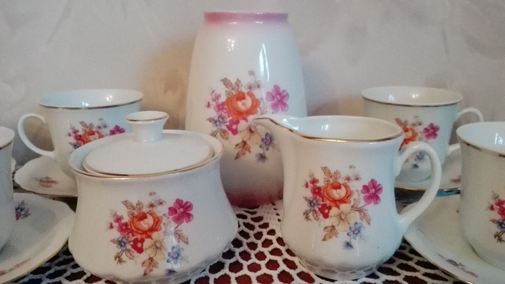 Serwis do kawy, wazon, stara porcelana Ćmielów, 6 osób