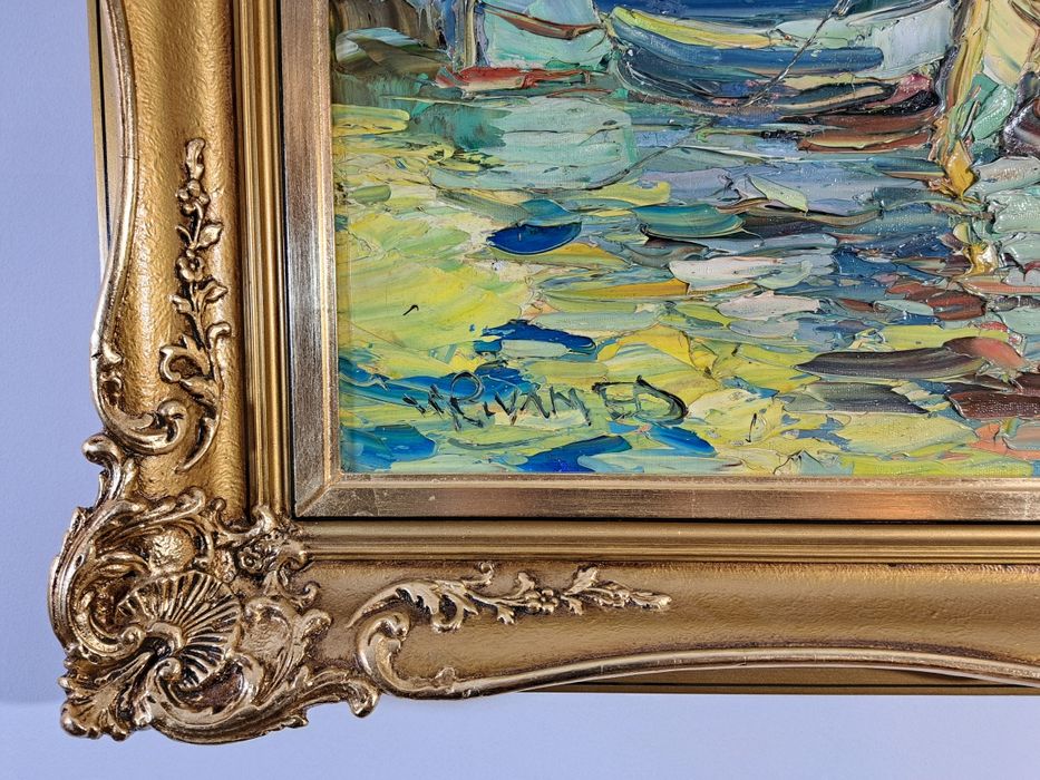 "Scena portowa z żaglówkami" Walter Prescher van Ed. Olej na płótnie