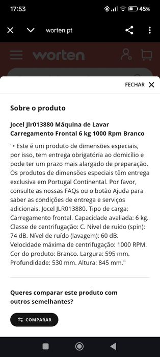 Máquina de Lavar Roupa Jocel 6kg (Como Nova) – 1000 RPM / Classe A++