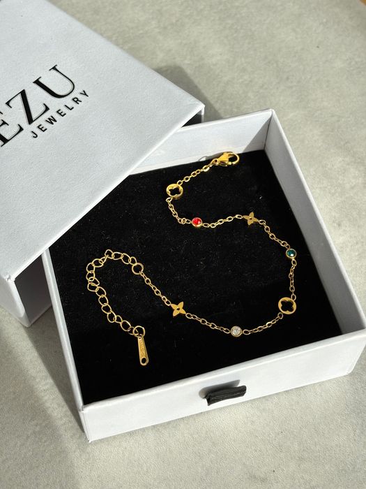 Bransoletka Celebrytka Koniczyna Zawieszka kolorowe cyrkonie Stal 14k