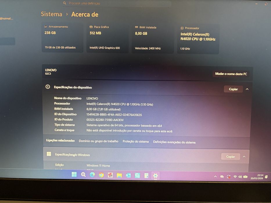 Portátil Lenovo 15.6” | 8GB RAM | SSD 256GB | Windows 11