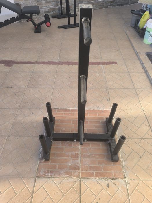 Kit musculação completo 152kg + suporte de discos + halteres + bloqueadores