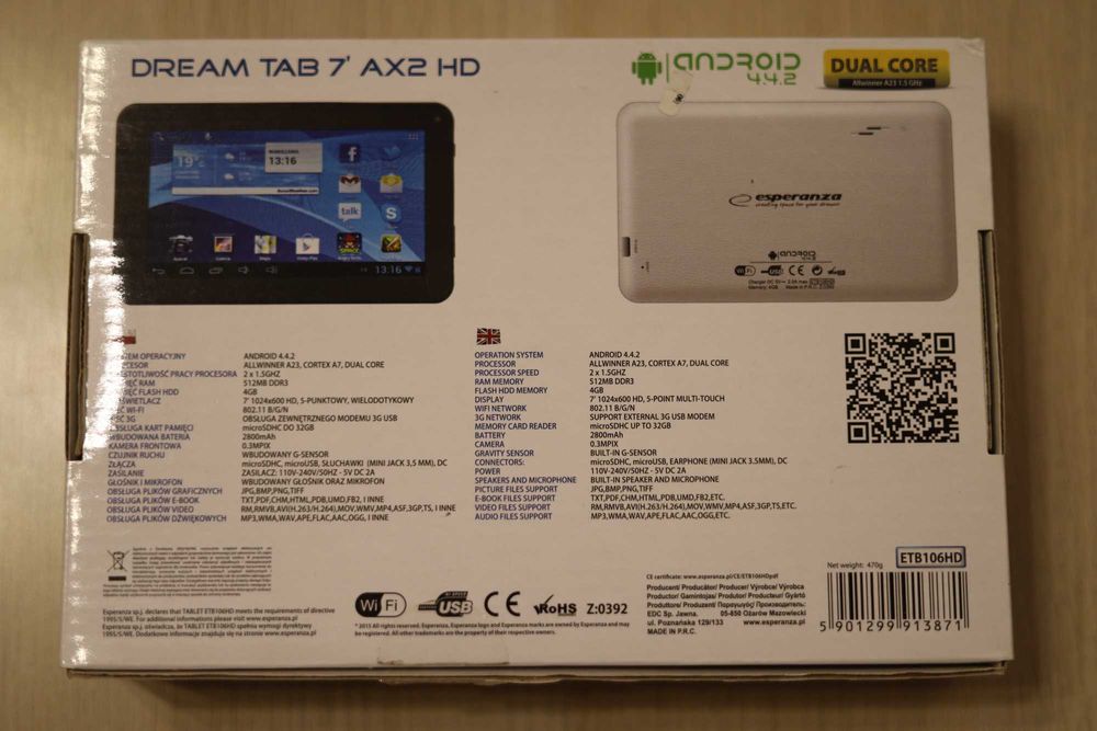 Tablet Esperanza Dream Tab 7" AX2 HD Android 4.4.2 100% sprawny