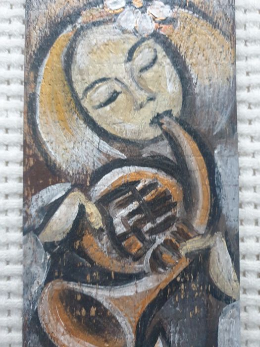 Anioł Anielska Trąbka obraz malowany na drewnie rękodzieło