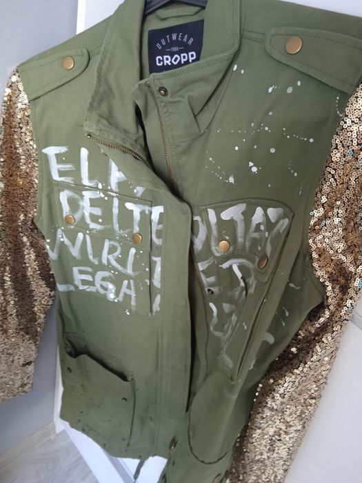 Kurtka damska letnia khaki cekiny print biały piękna