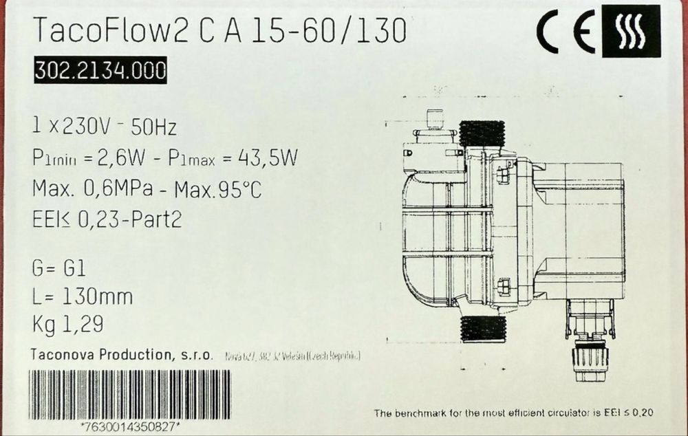 Pompa obiegowa TacoFlow2 CA 15-60/130 – energooszczędna, 230V, G1