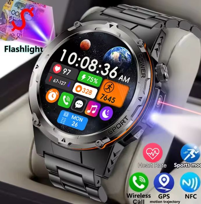 Смарт часы GPS,NFC,500 mAh,AMOLED,лазерный и ультрафиолетовый фонарик.