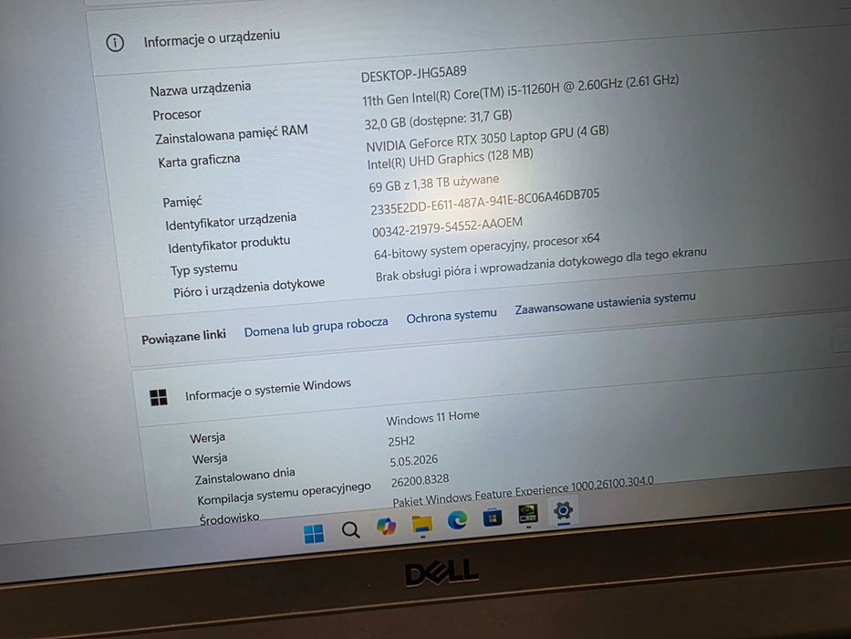 DELL G15 5511/ i5-11260H 2.60 GHz/ 32GB DDR4 3200 MHz/ 512GB M2 + 1TB M2!/ RTX 3050 4GB/ 15.6" FHD 120 Hz/ W11 Home/ GW 12 MSC