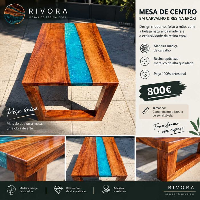 Coffee Table em Carvalho & Resina Epóxi — Peça Única  Preço: 800 €  Coffee table artesanal feita à mão em madeira maciça de carvalho e resina epóxi,