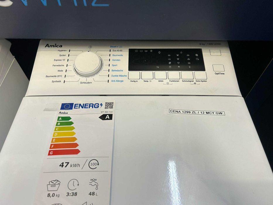 Pralka Amica ładowana od góry 8 kg pojemności KLASA A  Programy z parą