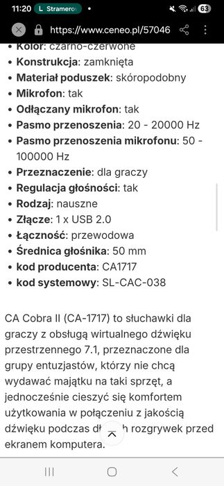 Słuchawki gamingowe CA Cobra II wejście USB.