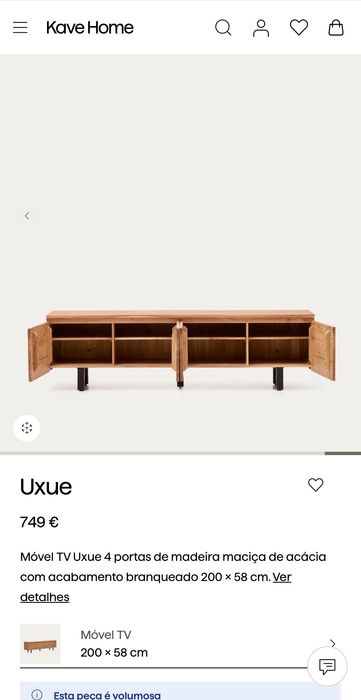 Móvel TV Kave Home Uxue 200cm – Madeira Maciça – Excelente Estado