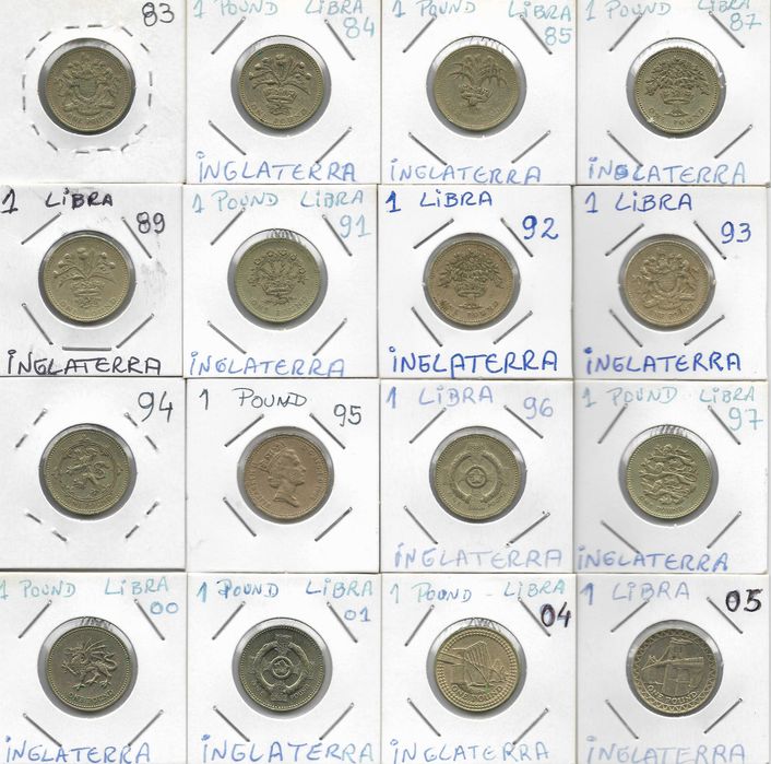 Coleção de 16 moedas de Inglaterra de 1 coroa e datas diferentes.