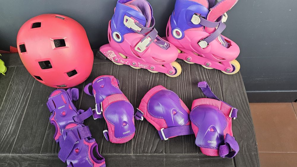 Patins + capacete + joelheiras + cotoveleiras