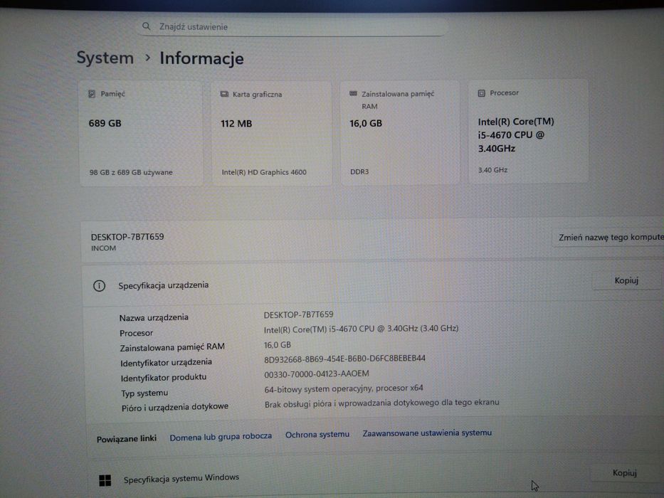 Komputer stacjonarny adax i5-4670,  16 GB ram, SSD
