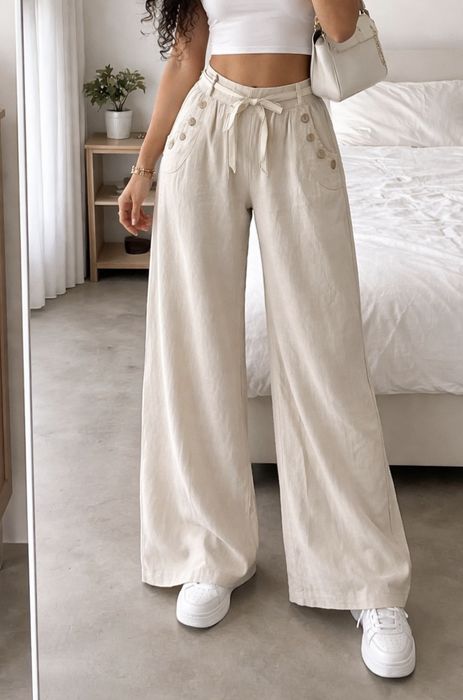 Spodnie lniane 100% len szwedy szerokie beżowe kremowe  hit lata