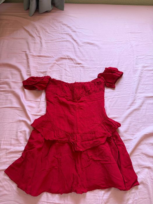 Vestido My Dearest Vermelho Framboesa Novo Tamanho S My Dearest Raspberry Red Off-Shoulder Linen Blend Dress