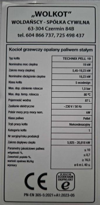Kocioł piec 19kW pellet drewno groszek węgiel 5klasa WOLKOT kotły