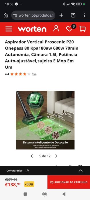 Aspirador vertical Proscenic P20 OnePass 80 como novo