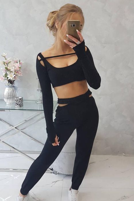Komplet dresowy damski spodnie dresowe i top czarny długi