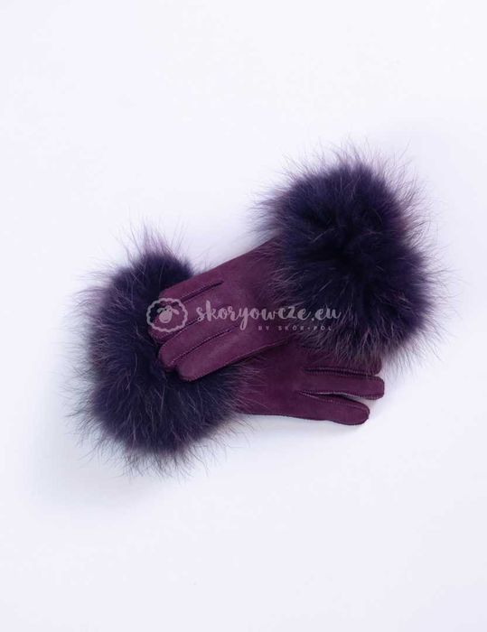 Śliwkowe rękawiczki damskie skórzane z futrzanym obszyciem